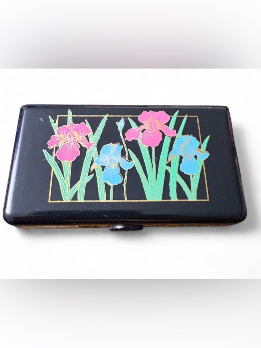 Vintage 1980s Black Lacquer Iris Flower Lipstick Case Travel Mirror Compact